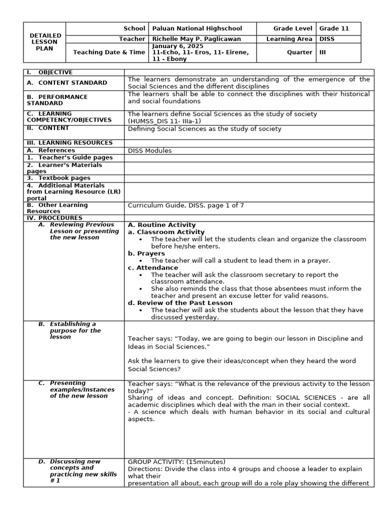 Grade 11 Social Sciences Lesson Plan | PDF | Social Sciences | Teachers