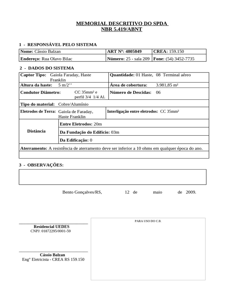 Memorial Descritivo do SPDA - NBR 5419 | PDF