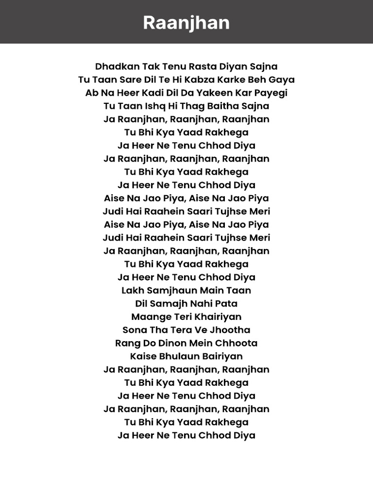 Raanjhan Lyrics in Hindi | PDF