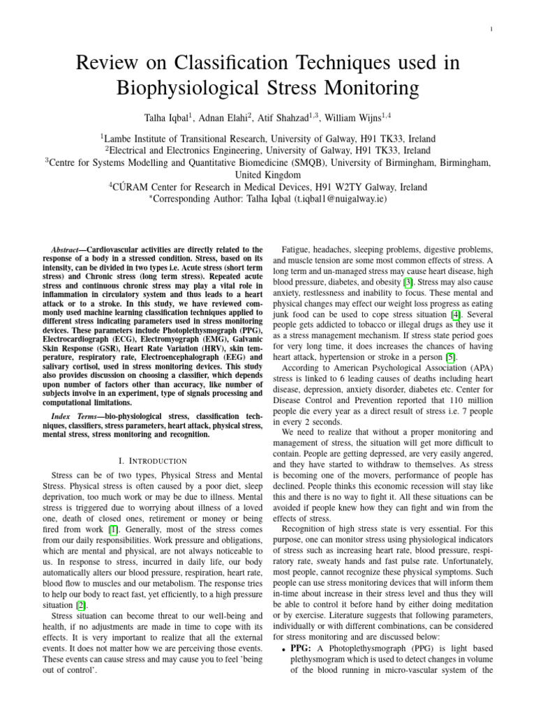 Classification Techniques for Stress Monitoring | PDF | Statistical ...