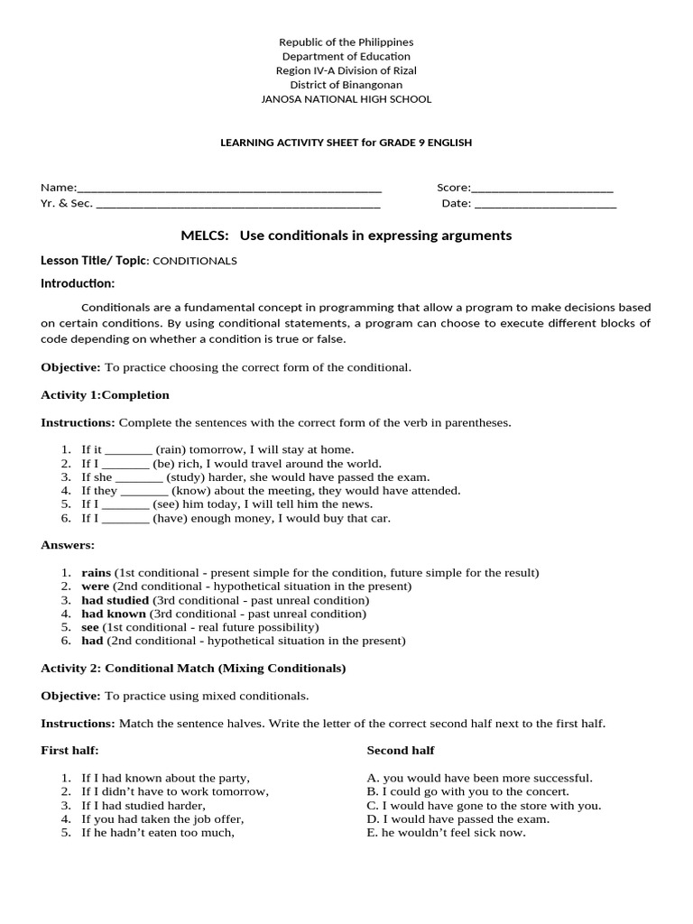 Grade 9 English Conditional Exercises | PDF | Grammar