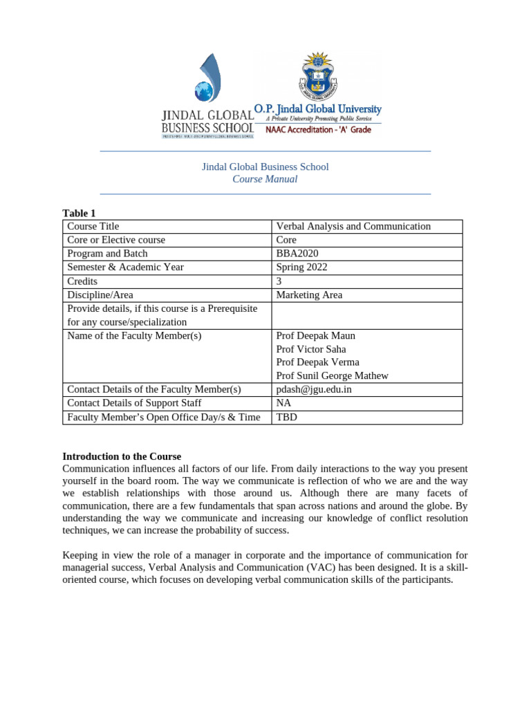 VAC Course Manual for BBA2020 | PDF | Communication | Nonverbal ...