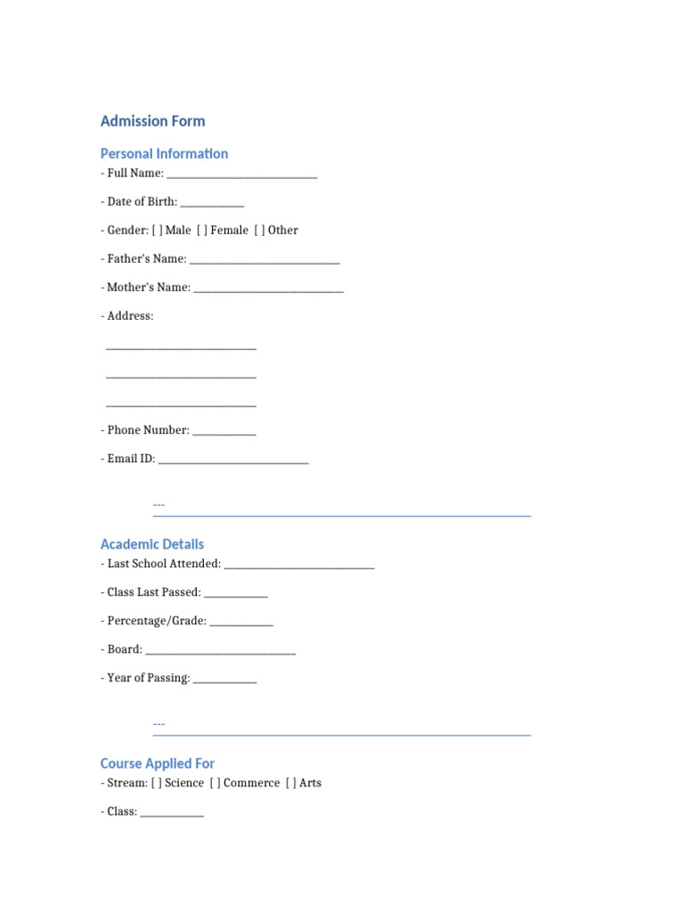 Admission Form for Course Enrollment | PDF