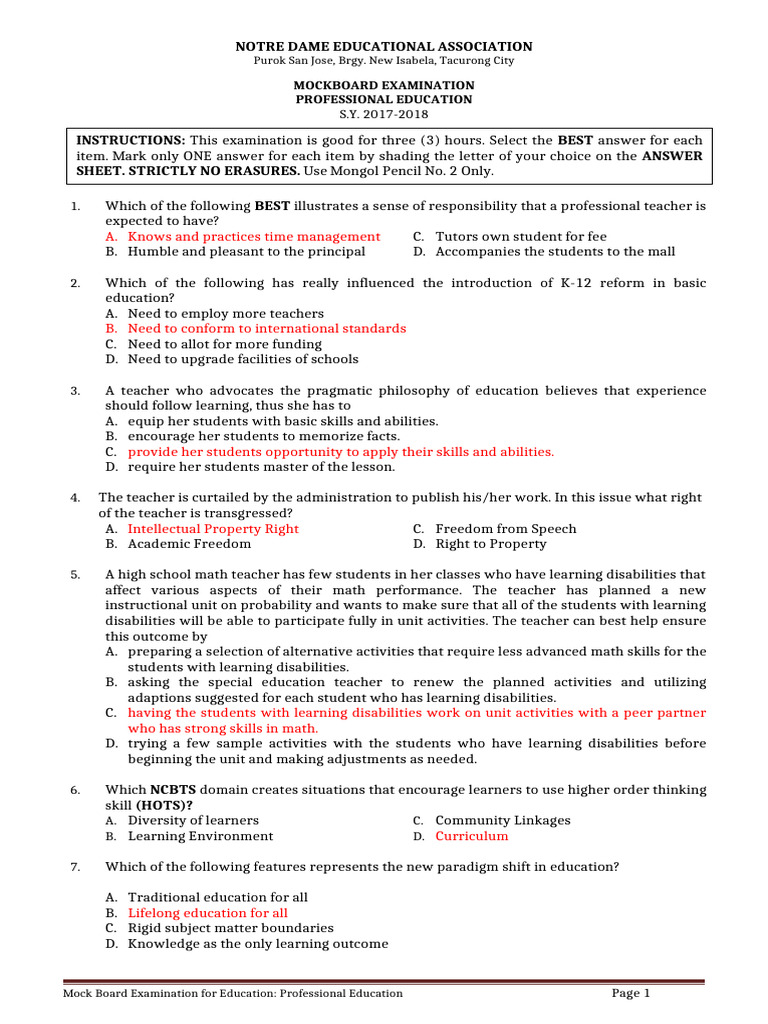 Mock Board Exam for Professional Education | PDF | Learning | Teachers