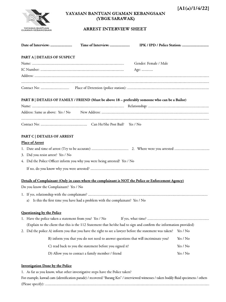 YBGK Sarawak Interview Sheets and Claims Forms 1Apr22 | PDF | Bail | Arrest