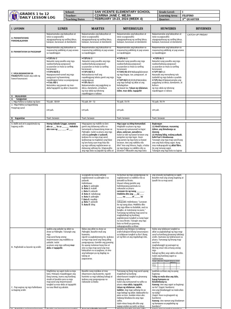 DLL Filipino-1 Q3 W4 | PDF