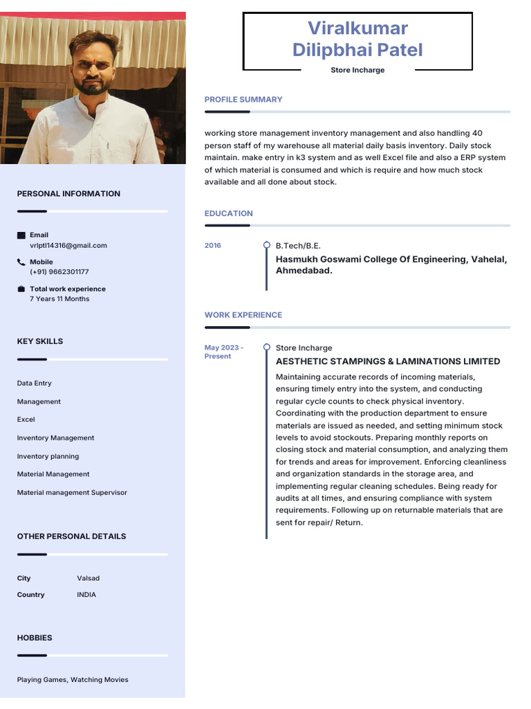 Viral Patel Store Incharge | PDF | Inventory | Logistics