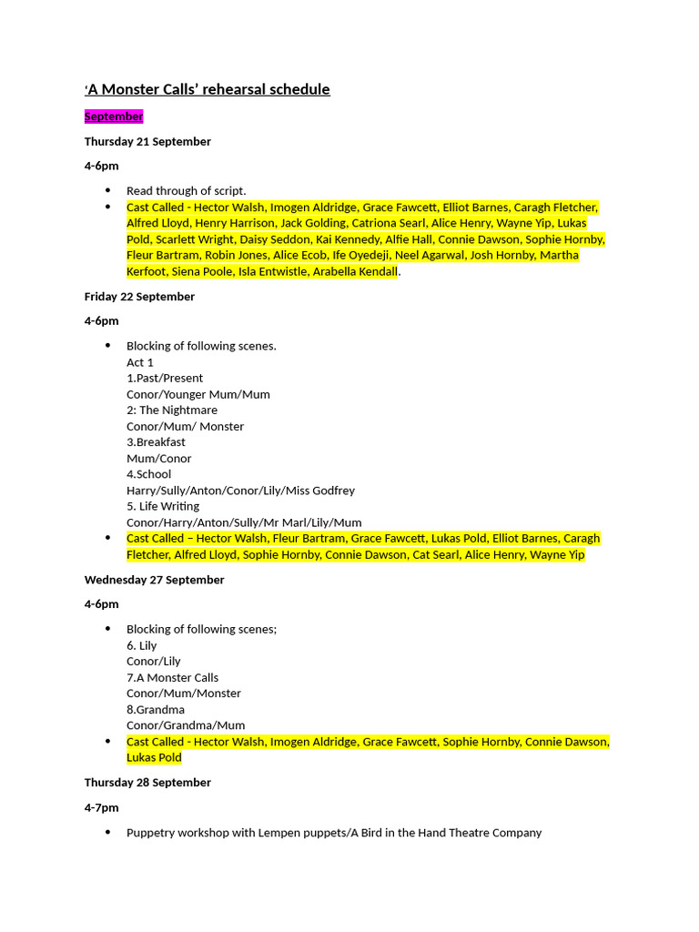 A Monster Calls Rehearsal Schedule | PDF | British Fantasy Novels ...