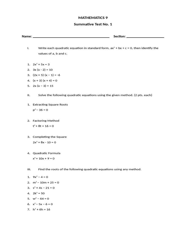 Grade 11 Math Exam: Quadratic Equations | PDF