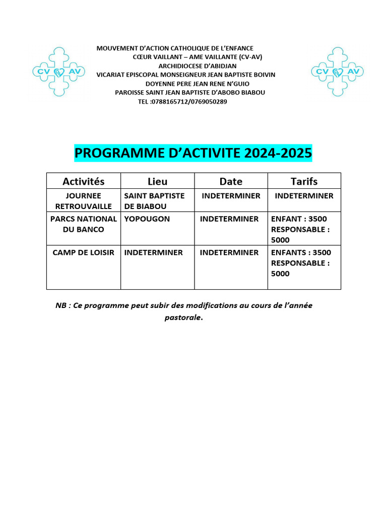 Programme d'activités CV-AV 2024-2025 | PDF