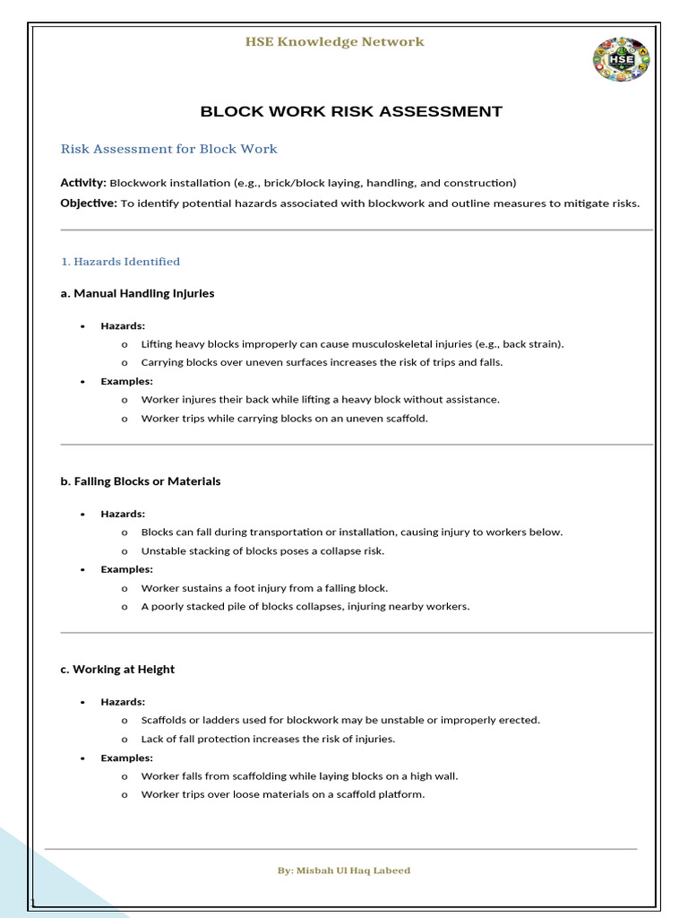 Block Work Risk Assessment Guide | PDF | Hazards | Noise