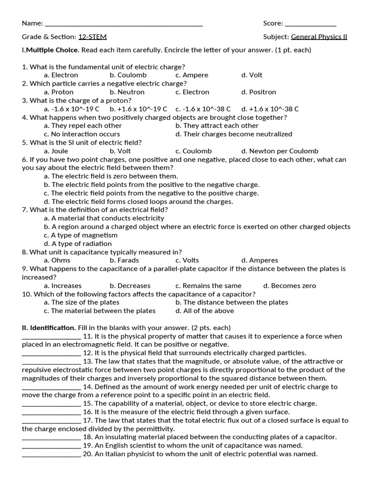 General Physics II Electric Charge Quiz | PDF | Electric Charge ...