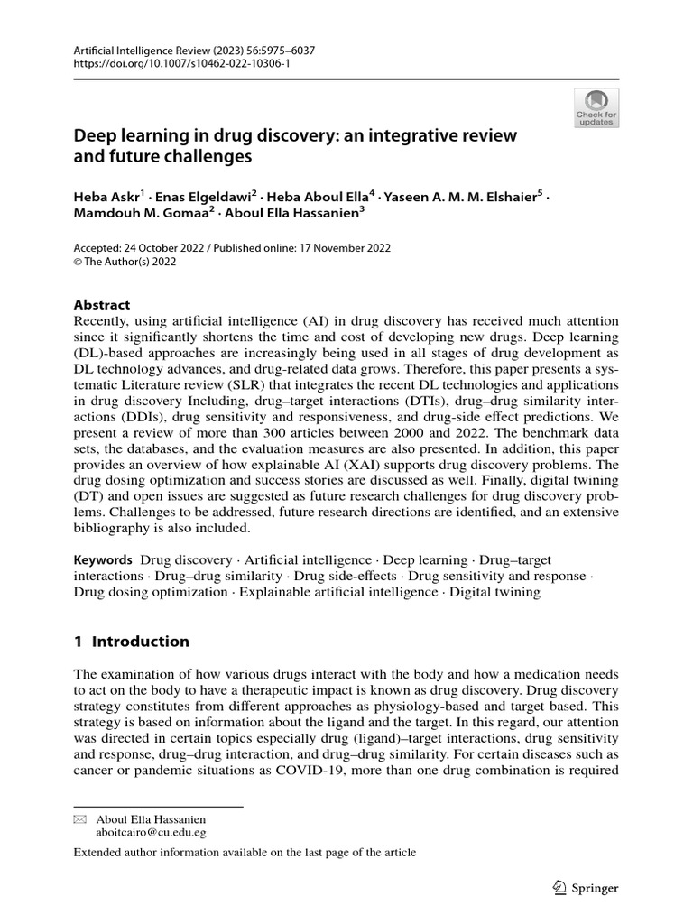 Deep Learning in Drug Discovery an Integrative Review | PDF ...
