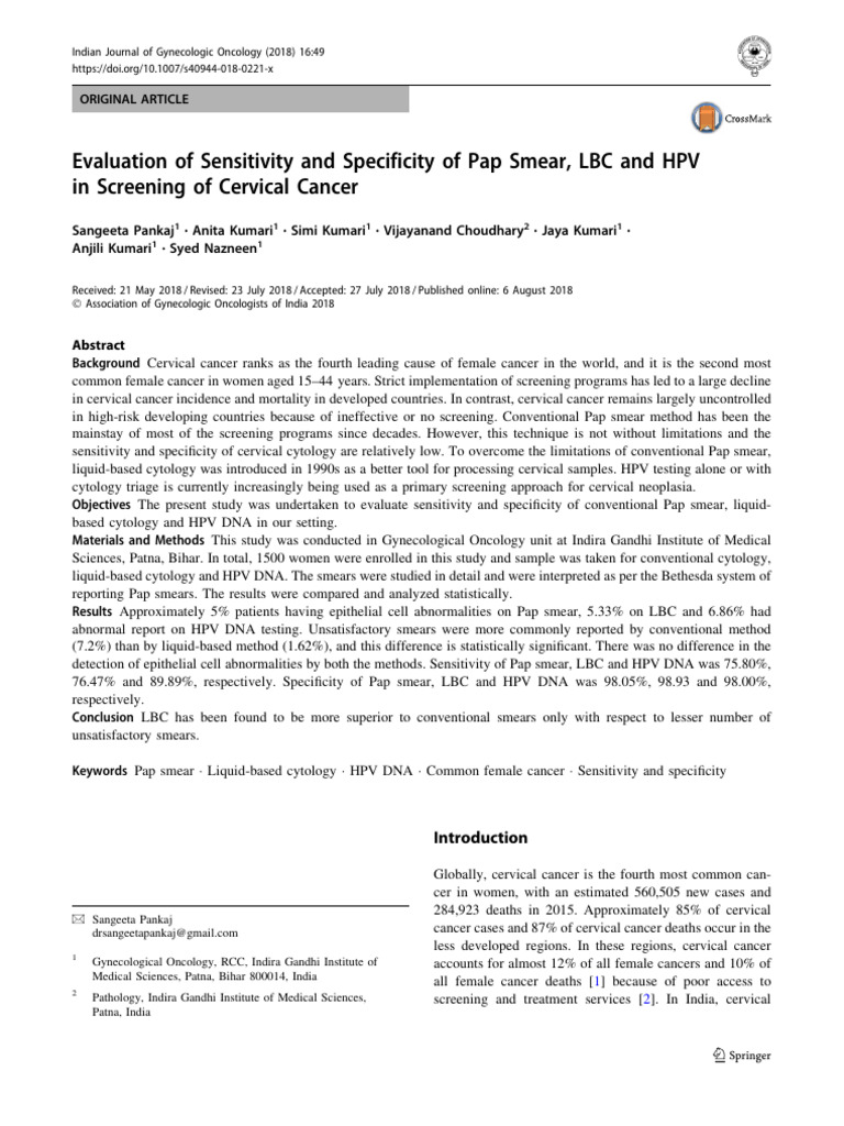 Evaluation of Sensitivity and Specificity of Pap Smear LBC and HPV in ...