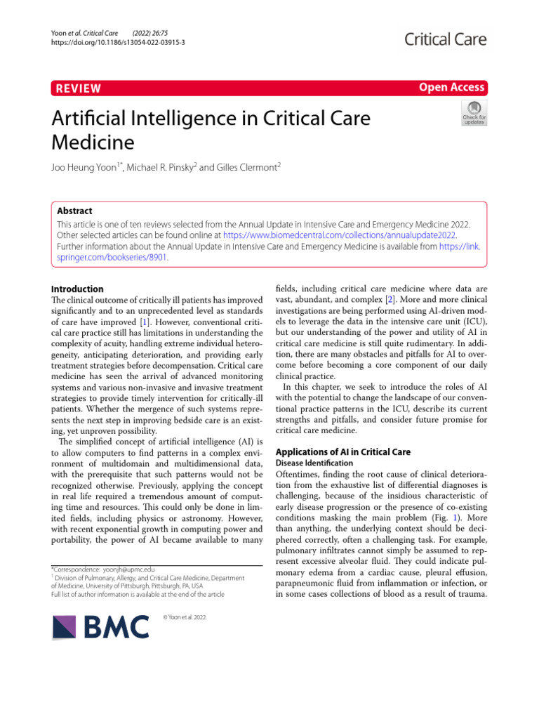 AI Applications in Critical Care Medicine | PDF | Artificial ...