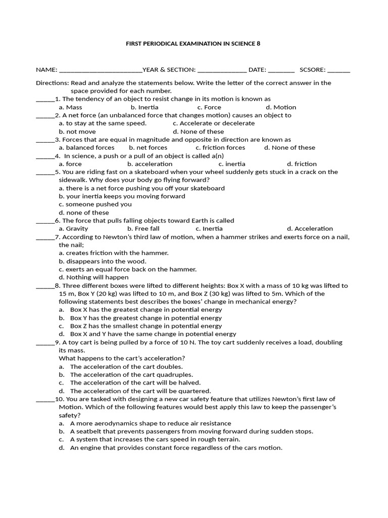 Science 8 Periodical Exam Questions | PDF | Force | Sound