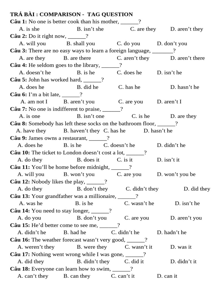 Tra Bai Chuyen de 2 Tag Questions - Comparisions | PDF