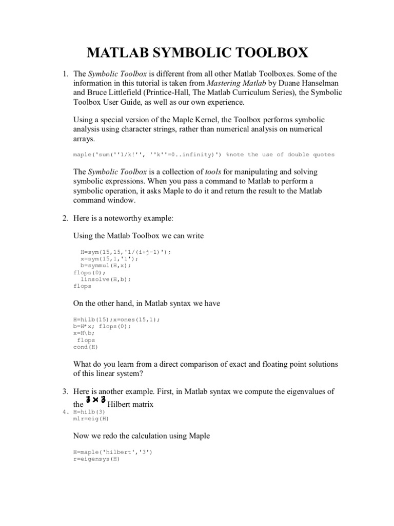 Matlab Symbolic Toolbox | PDF | Matrix (Mathematics) | Matlab