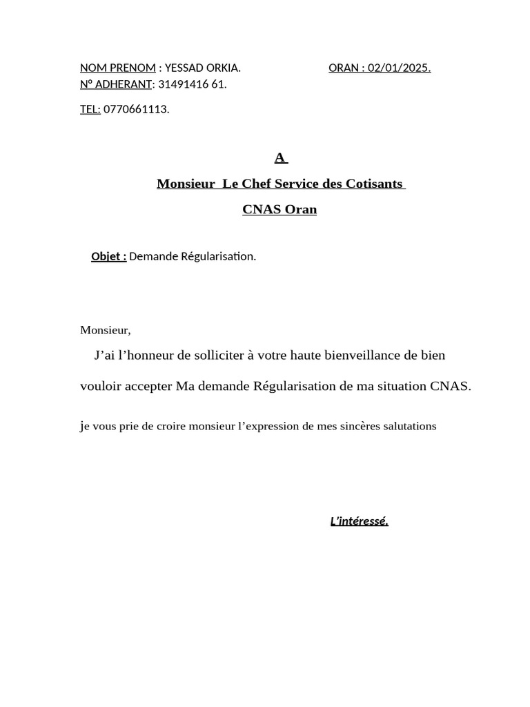 Demande de Régularisation CNAS | PDF