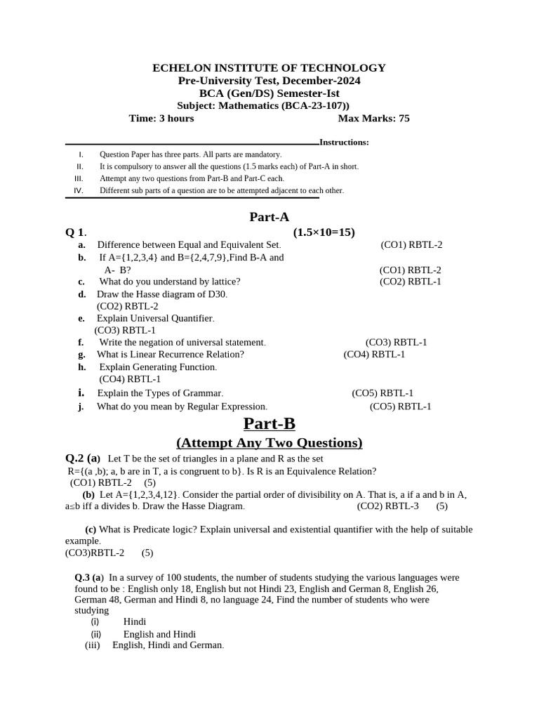 BCA Mathematics Test Paper December 2024 | PDF | Theoretical Computer ...