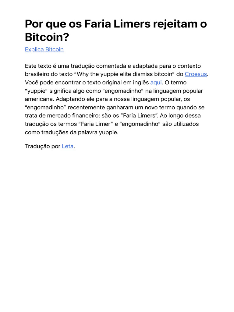 Por Que Os Faria Limers Rejeitam o Bitcoin? - by Explica Bitcoin - Medium |  PDF | Bitcoin | Pensamento