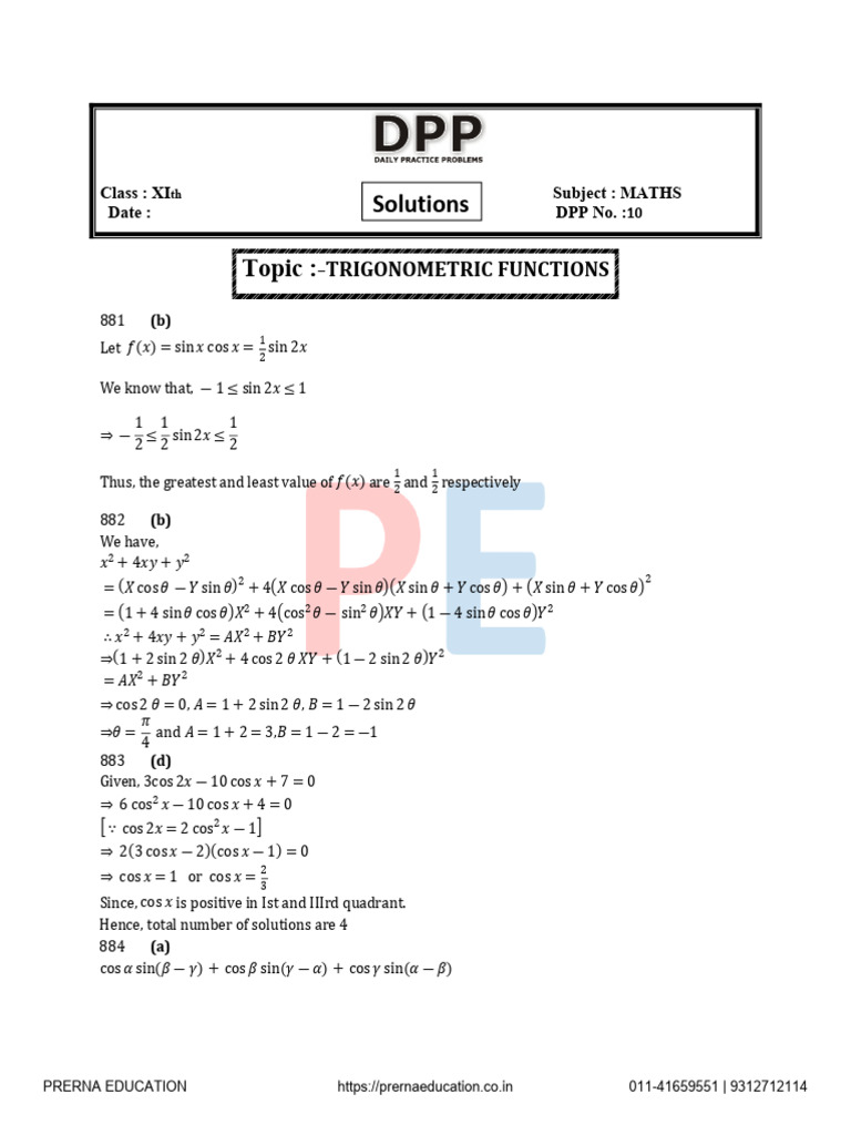 XI Maths DPP Solutions on Trigonometry | PDF | Functions And Mappings ...