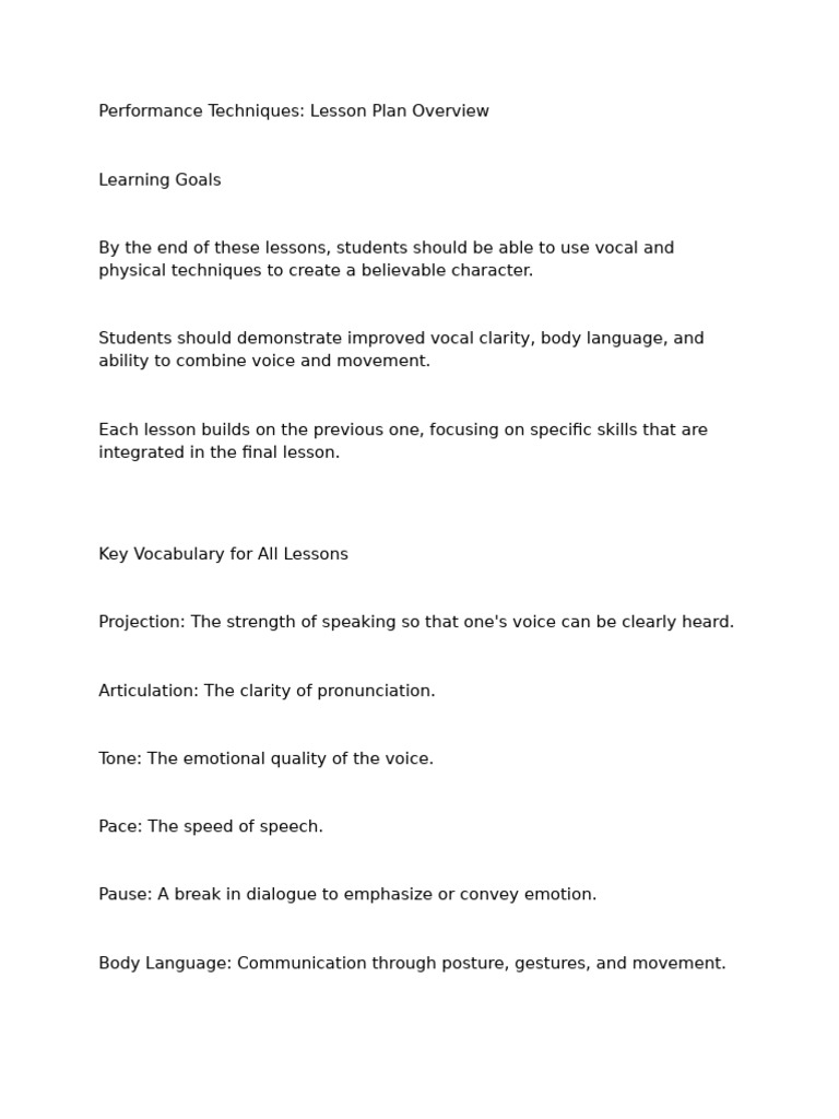 Performance Techniques Lesson Plan | PDF | Body Language | Nonverbal ...
