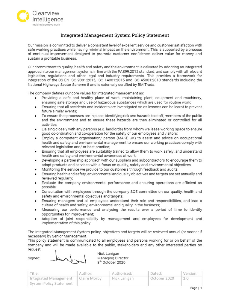 Integrated Management System Policy Statement | PDF | Safety ...