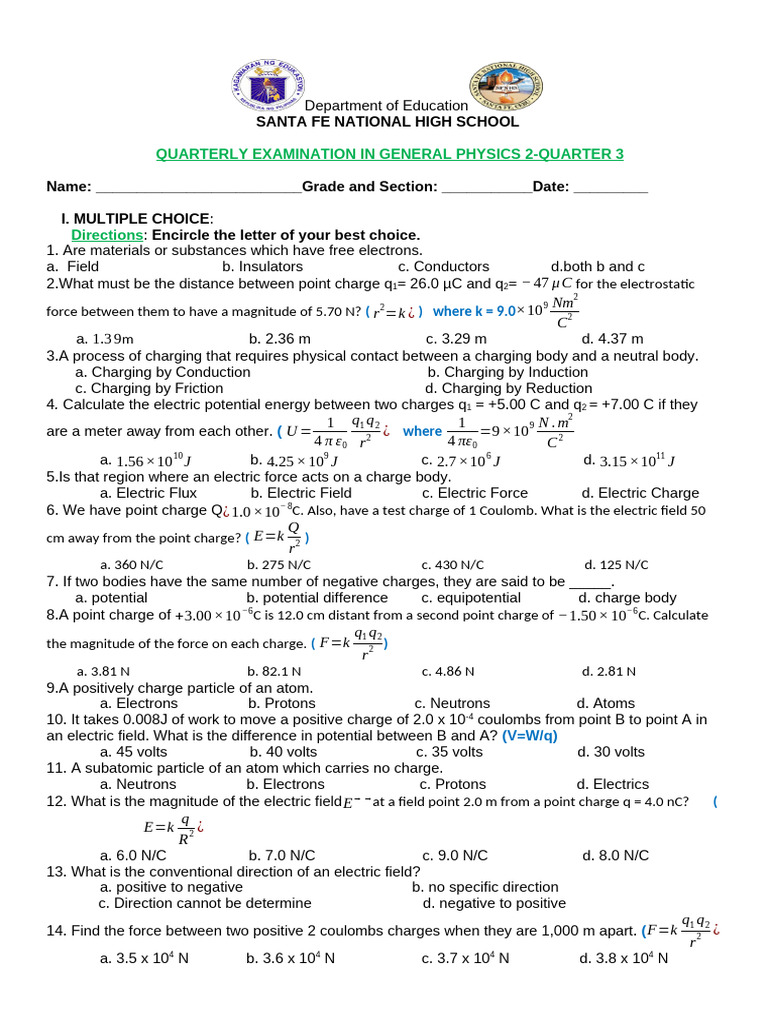 Third Quarterly Exam in General Physics 2-Second Sem | PDF | Electric ...