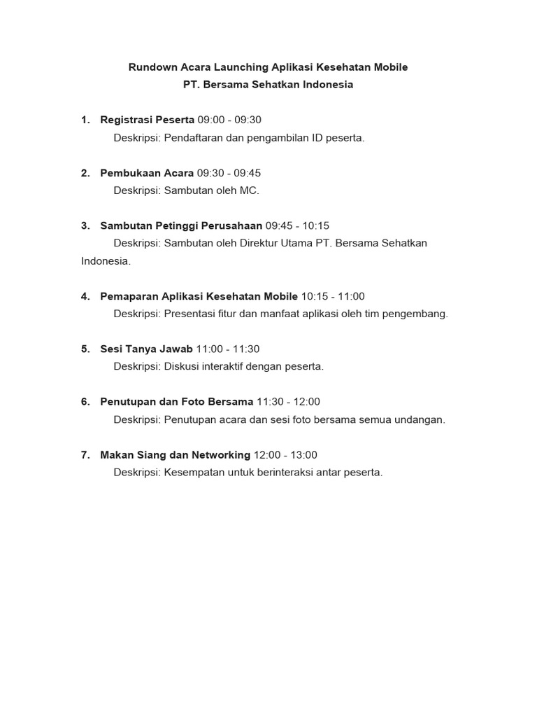Rundown Launching Aplikasi Kesehatan | PDF