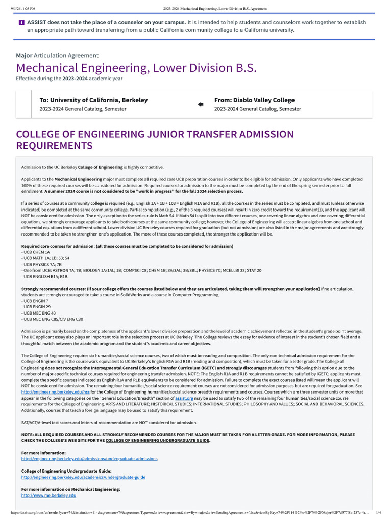 2023-2024 Mechanical Engineering Transfer Guide | PDF