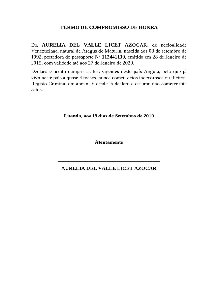 Modelo De Termo De Compromisso De Honra
