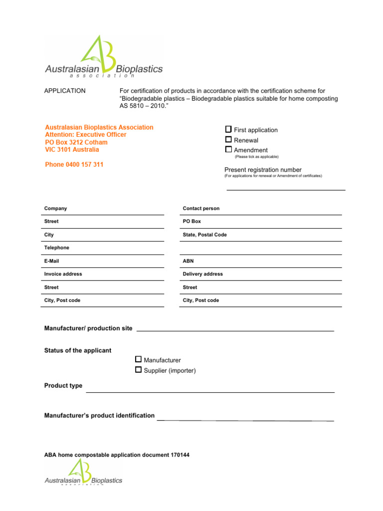 ABA Home Compostable Application Form July 2019 1 | PDF