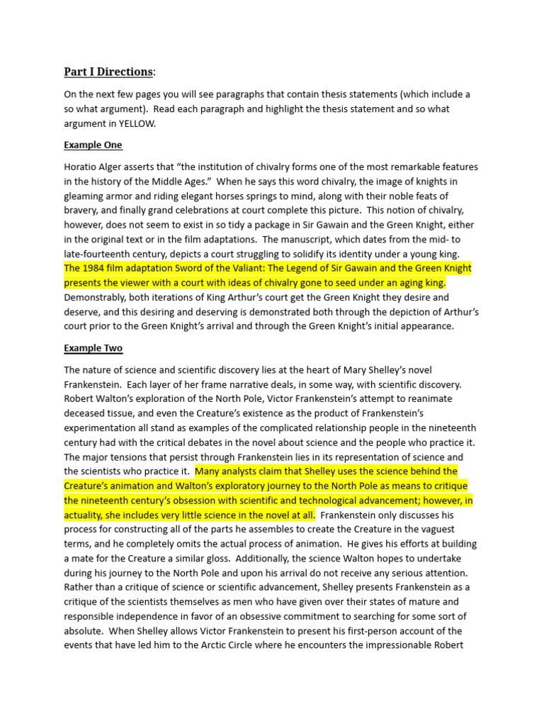 3 Practice Thesis and So What Statements PDF | PDF | Frankenstein | Knight