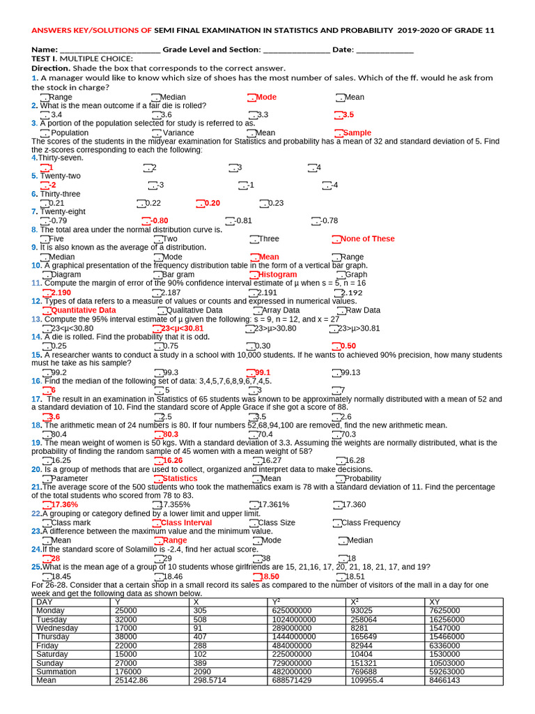 Grade 11 Statistics Exam Answer Key | PDF | Mean | Standard Deviation