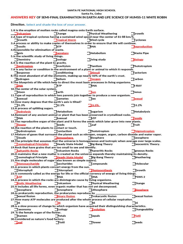 Answers Key of Semi-Final Examination in Earth and Life Science | PDF ...