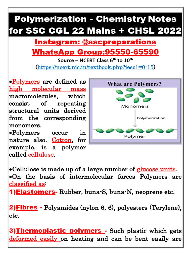 Polymerization - Chemistry Notes For SSC CGL 2024 | PDF | Polymers ...