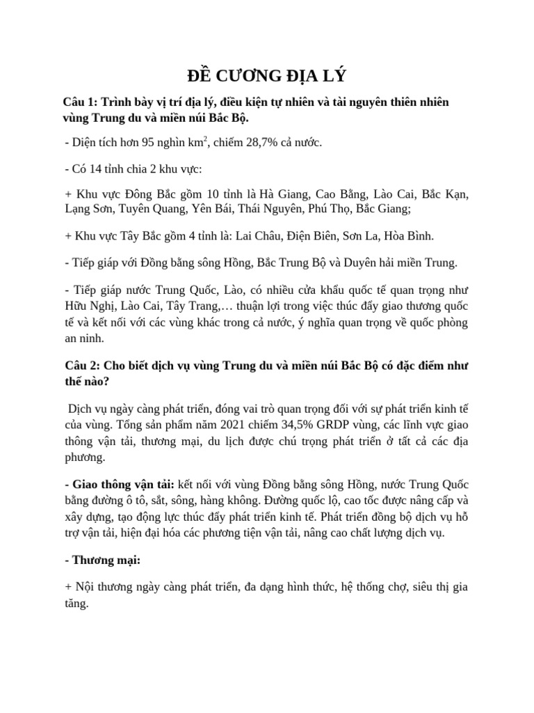 ĐỀ CƯƠNG ĐỊA LÝ | PDF
