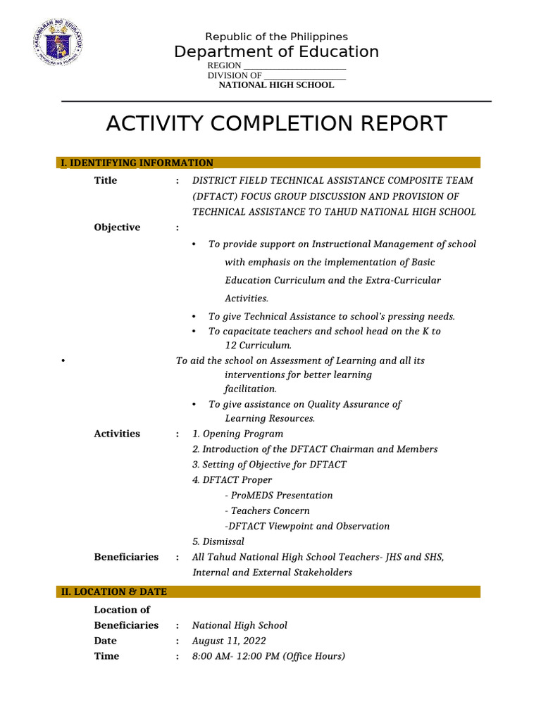 DFTACT Support Report for Tahud High School | PDF | Learning ...