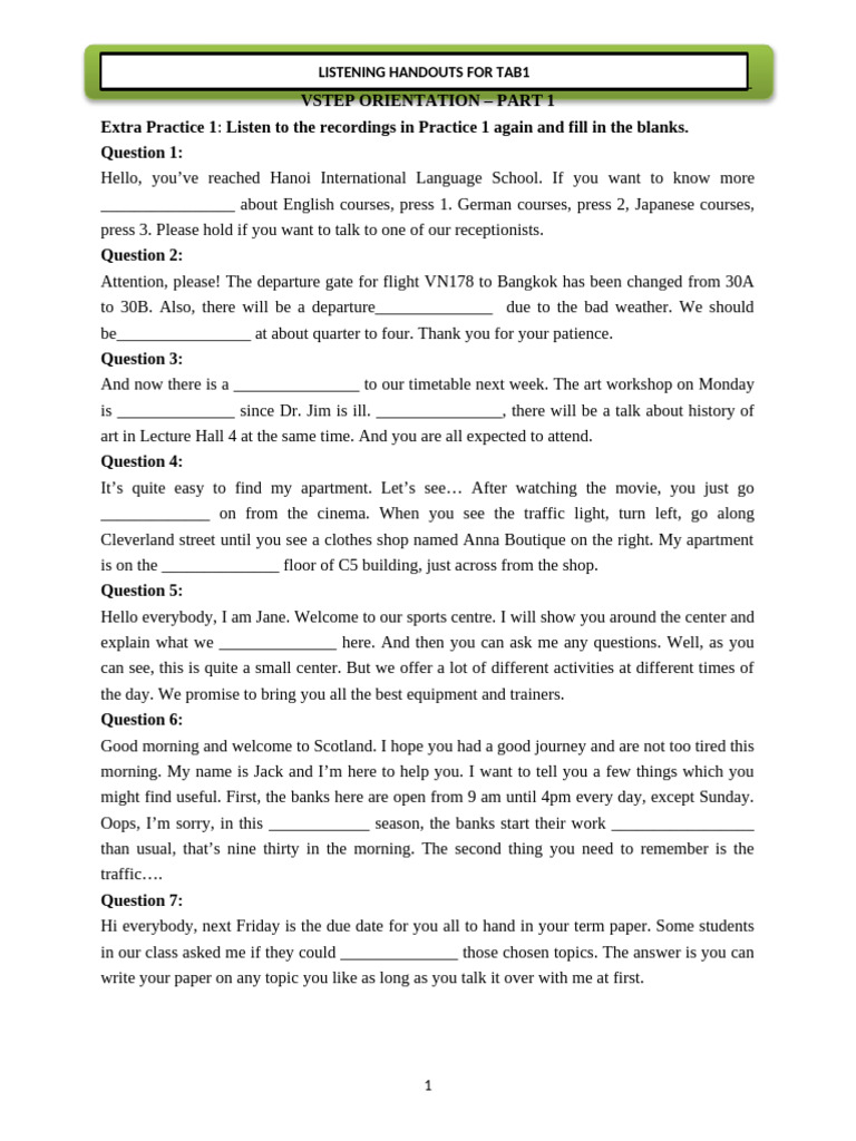 T01 Listening Vstep Listening Test Part 1 Pdf