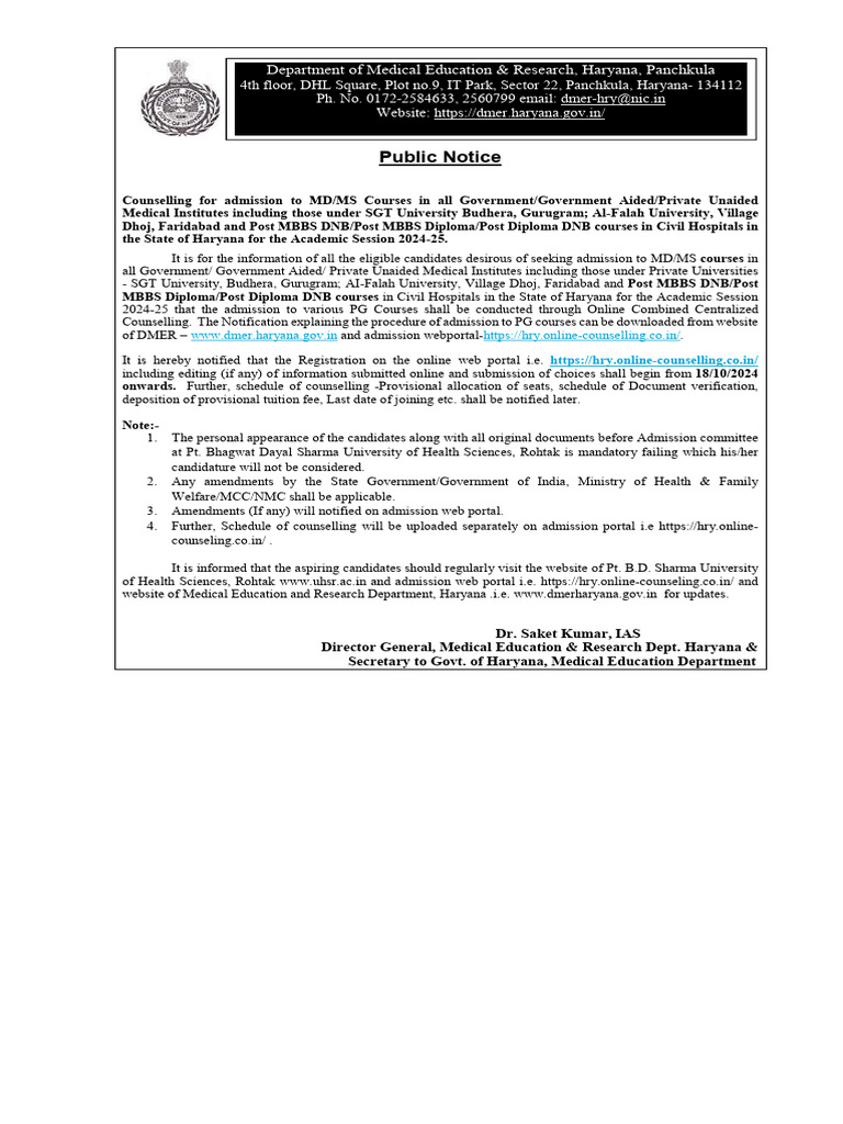 Public Notice For Schedule of Counseling For Admission To PG Courses ...