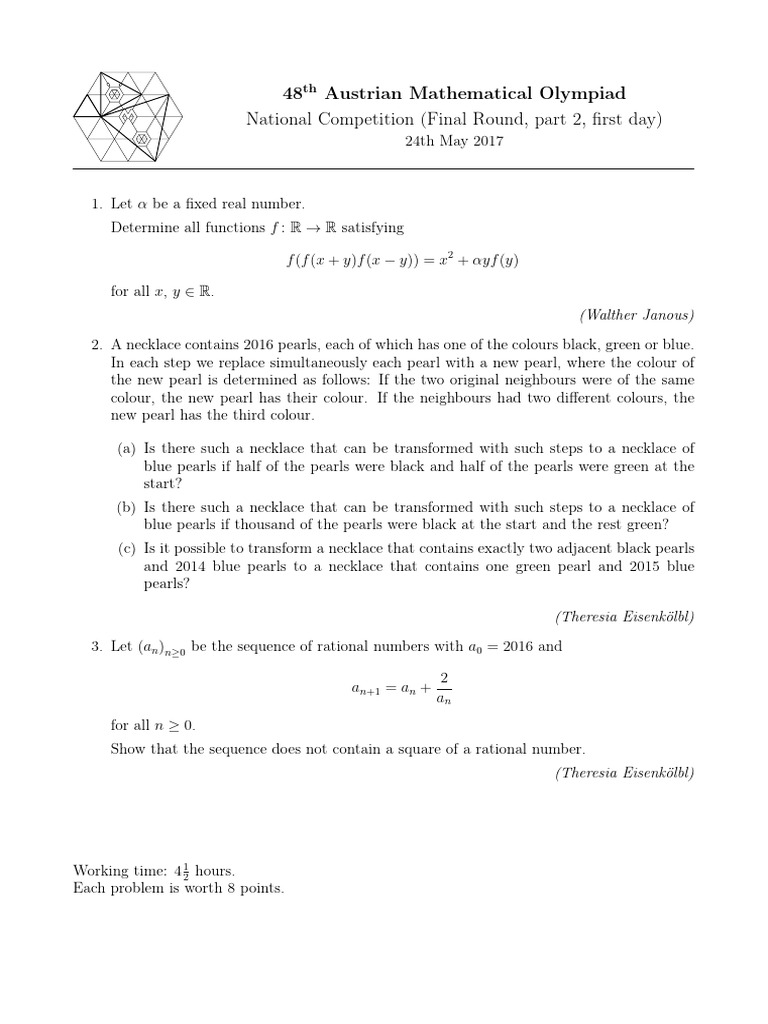 48th Austrian Math Olympiad Problems | PDF | Euclidean Geometry ...