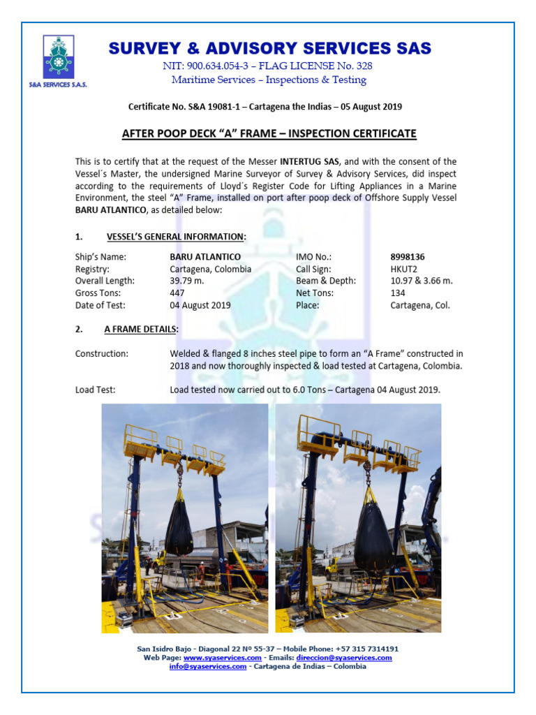 Coast Guard Inspection Certificate for A Frame | PDF | Watercraft ...