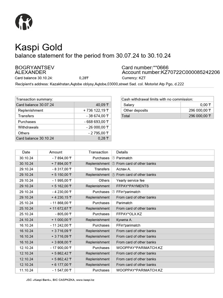 Kaspi Gold: Balance Statement For The Period From 30.07.24 To 30.10.24 |  PDF | Banks | Private Sector