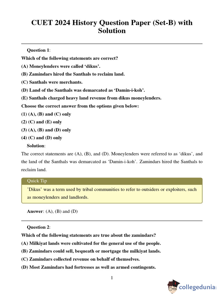 CUET 2024 History Paper Set-B Solutions | PDF | Mahatma Gandhi | Mughal ...