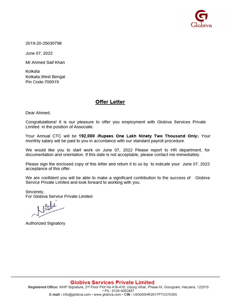 Globiva Offer Letter for Associate Position | PDF | Salary | Payroll