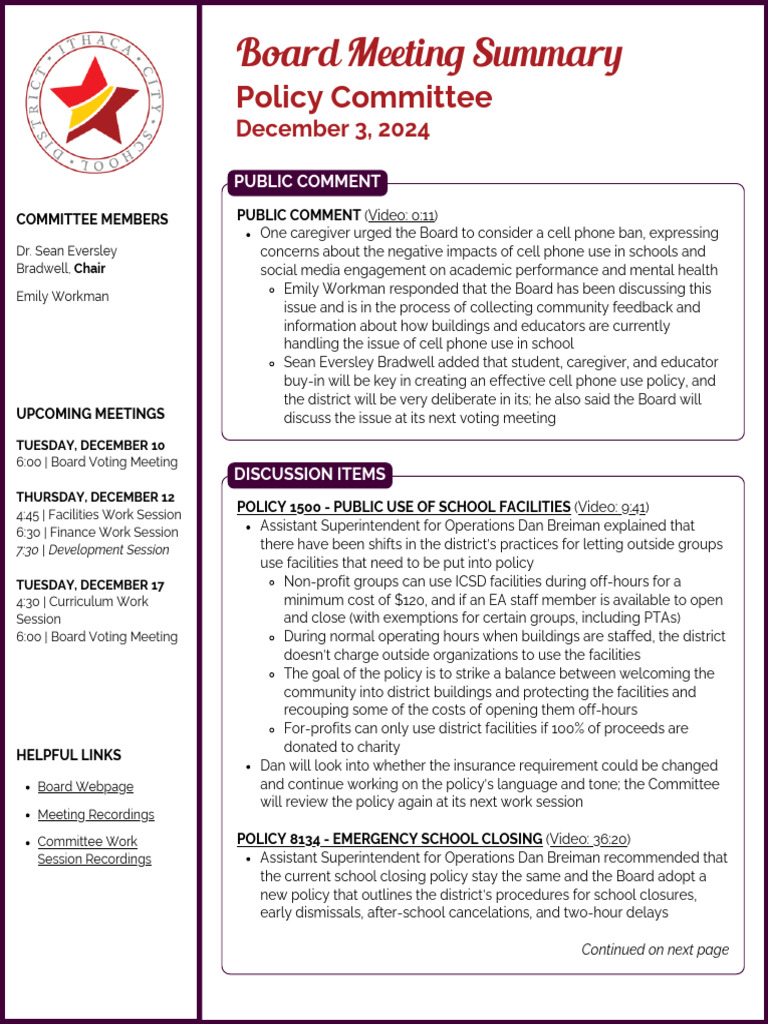 ICSD Policy Committee Meeting Summary | PDF