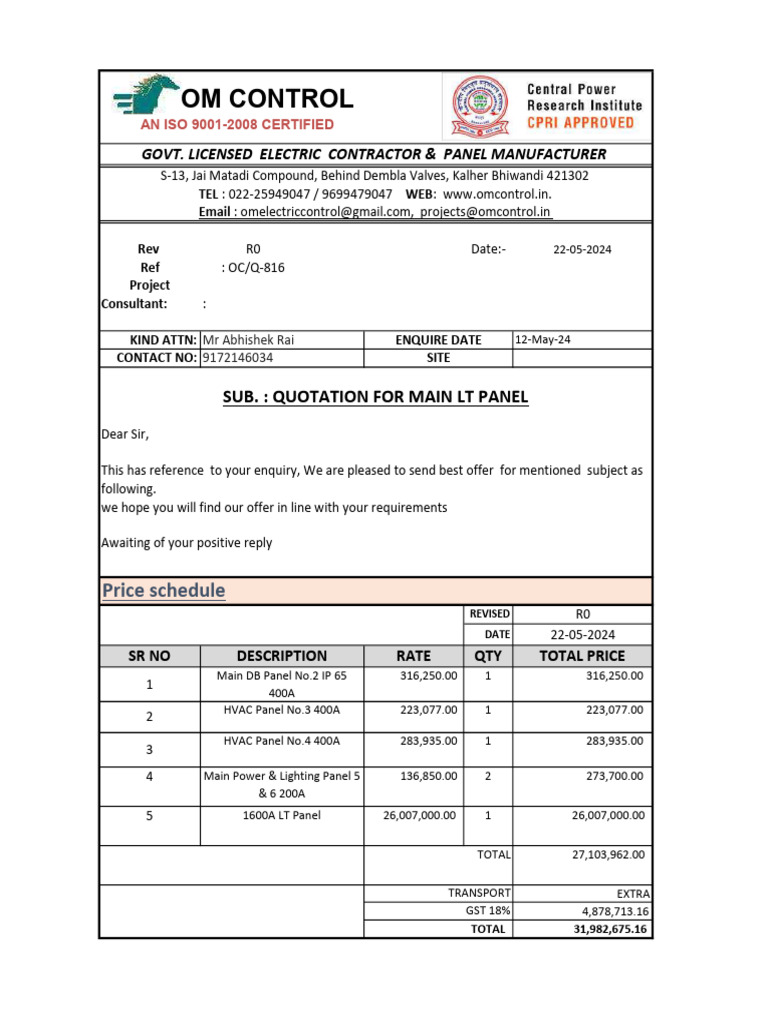 Quotation for Main LT Panel Supply | PDF | Taxes | Payments