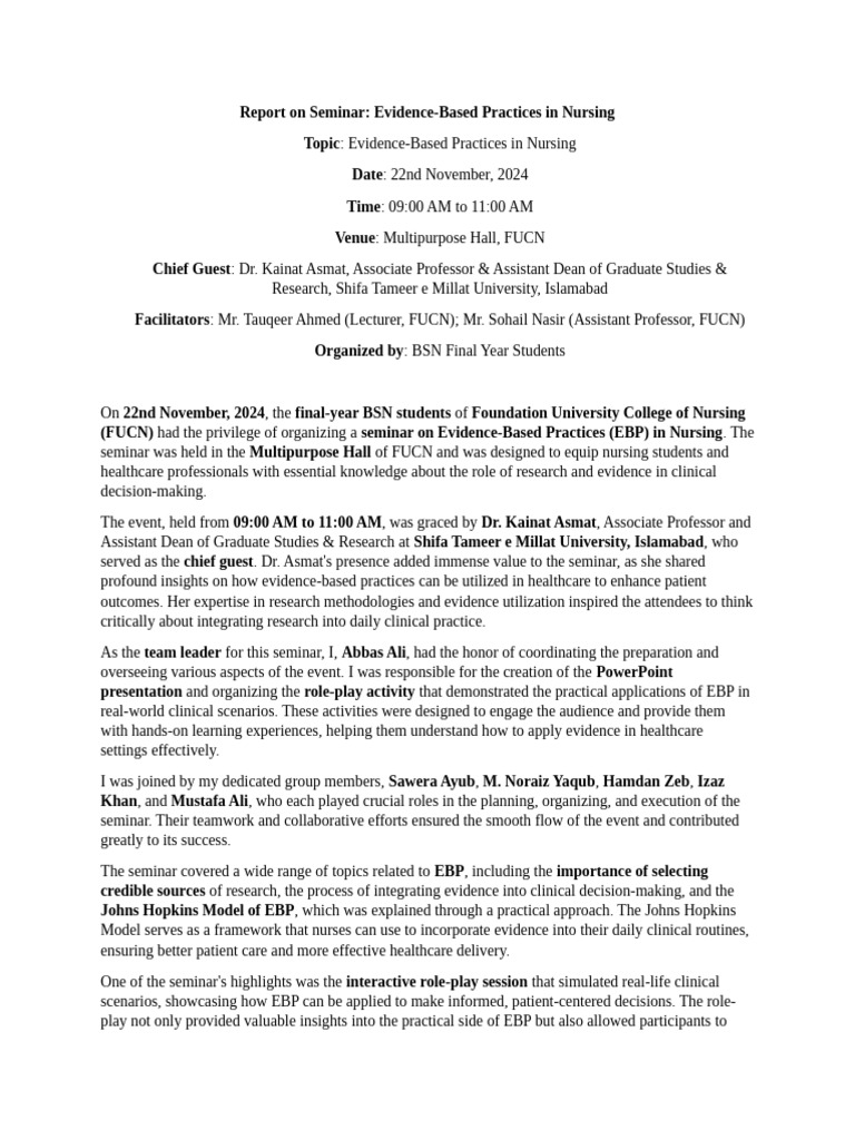 Seminar on Evidence-Based Nursing Practices | PDF | Nursing | Evidence ...