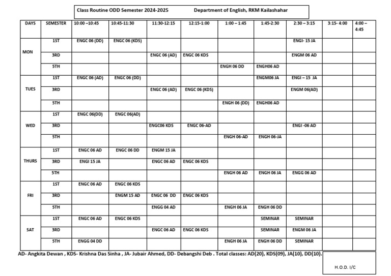 Class Routine for English Department 2024-2025 | PDF